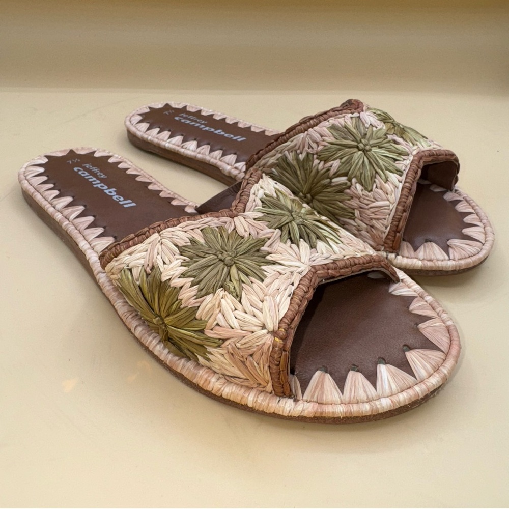 Anthropologie Jeffrey Campbell Dane Woven Raffia Slides Green Brown Size 7.5 EUC